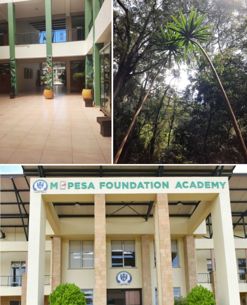 Eingang und Innenraum der Mpesa Foundation Academy, Thika und Naturszene aus dem Karura Forest